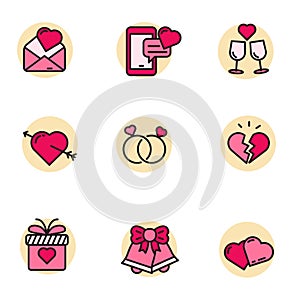 Set of love and romance icons in linear color style
