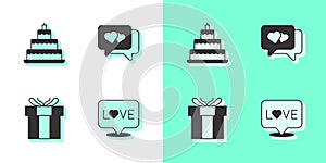 Set Love text, Wedding cake, Gift box and Heart speech bubble icon. Vector