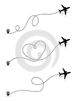 Set of Love travel route. Black Airplane line path icon of air plane flight route with start point and dash line trace. Vector