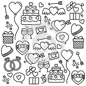 Set of love and wedding element vector with black hand drawn design