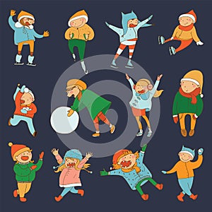 Set with lovely kids playing in winter and doing activities. Fun hand drawn illustration in bright colors on dark background