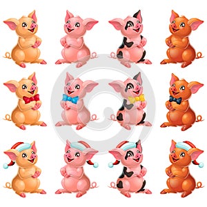 Set lovely pigs with bow and cap on white