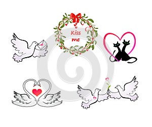 Set of lovely swans, cats and doves pair and mist