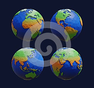 Set of low poly earth planet with continents on dark background. Polygonal globe. 3d render illustration