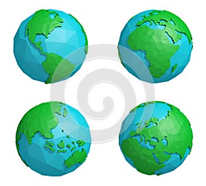 Set of low poly earth planet with four continents, polygonal globe icon