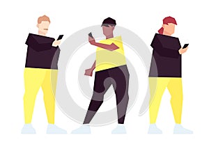 Set of low poly overweight people with smartphones