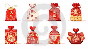 A set of lucky bags from China. Holiday money, fortune pouches, and Good Luck text translations. Korean gifts, New Year