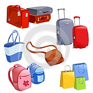 Set of luggage, suitcases, backpacks, packages