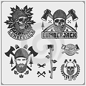 Set of Lumberjack labels, badges and design elements. Joinery and hand made emblems. Print design for t-shirt.