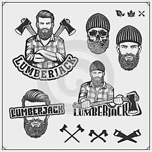 Set of Lumberjack labels, badges and design elements. Joinery and hand made emblems. Print design for t-shirt.