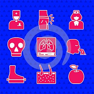 Set Lungs x-ray, Hair covering skin, Apple, Vomiting man, Flat foot, Skull, Nurse and Male doctor icon. Vector
