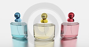 Set of Luxuary Perfume bottle. Clear bottle and Golden , Blue and pink lid on white background with reflection. 3D rendering