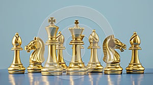 A set of luxurious golden chess pieces arranged on a light blue surface. The set includes a king, queen, bishops, knights, and photo