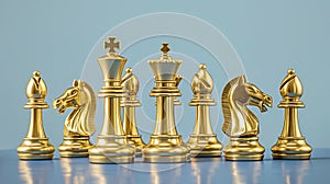 A set of luxurious golden chess pieces arranged on a light blue surface. The set includes a king, queen, bishops, knights, and