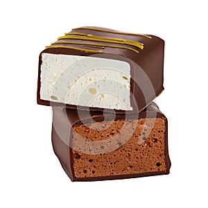 Set of luxury artisan souffle candy in chocolate with vanilla and chocolate fillings. Bonbon bird`s milk isolated on white