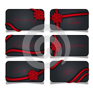Set of luxury black card with red gift bow with ribbon