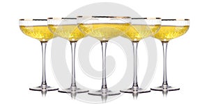 Set of luxury champagne glasses in a row isolated on a white background