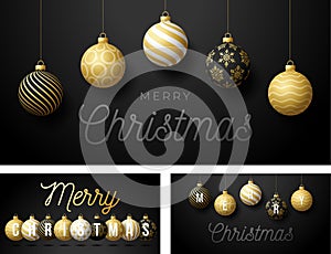 Set of Luxury Christmas and New Year horizontal greeting card with tree balls. Christmas card with ornate black and white