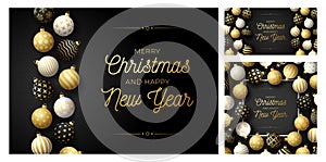 Set of Luxury Christmas and New Year square and horizontal greeting card with tree balls. Christmas card with ornate black and