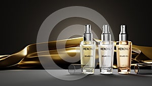 Set luxury cosmetics for men, glass bottles organic beard oil on dark background, hair spray on gold silk fabric, liquid