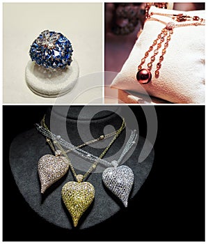 Set of luxury jewelry made of white, yellow and pink gold, gems and diamonds. Luxury women accessories on stands.