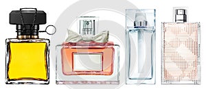 Set of luxury perfume bottles on white background