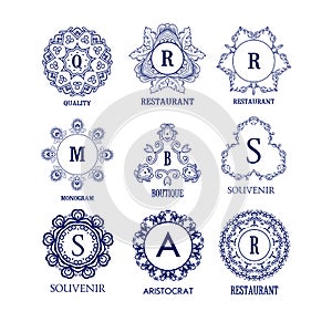 Set of luxury, simple and elegant blue monogram design templates
