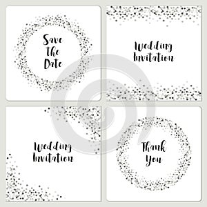 Set of luxury wedding card templates with silver glitter confetti