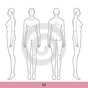 Set of M Size Women Fashion template 9 nine head Croquis with main lines Lady model skinny body figure front, 3-4, back