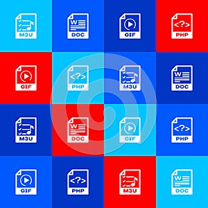 Set M3U file document, DOC, GIF and PHP icon. Vector