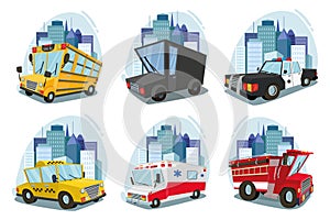 A set of machines. ambulance, fire car, truck, taxi, school bus, police car. cityscape. against the backdrop of the city