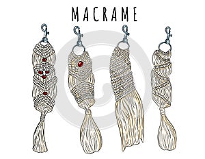 Set of macrame boho style keychains. Collection of textile knotting design charms. Linear modern indigenous macrame elements