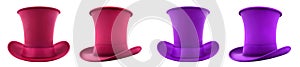 2 Set of magenta purple pink classic traditional stovepipe top hat, front and side view on transparent PNG photo