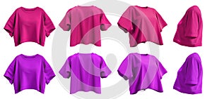 2 Set of magenta purple pink woman loose cropped midriff tee t shirt round neck front, back and side view on transparent, PNG photo