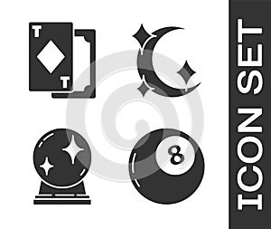 Set Magic ball of predictions, Playing cards, Magic ball and Moon and stars icon. Vector