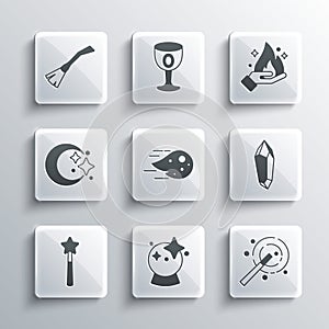 Set Magic ball, wand, stone, Fireball, Moon stars, Witches broom and Hand holding fire icon. Vector
