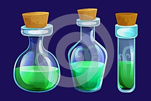 Set Magic Bottles with liquid potion elixir lab game icon in cartoon style isolated on white background. Glass jar