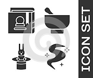 Set Magic fog or smoke, Ancient magic book, Magician hat and rabbit and Magic mortar and pestle icon. Vector