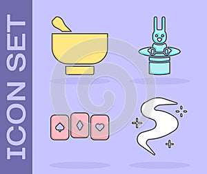 Set Magic fog or smoke, Magic mortar and pestle, Playing cards and Magician hat and rabbit icon. Vector