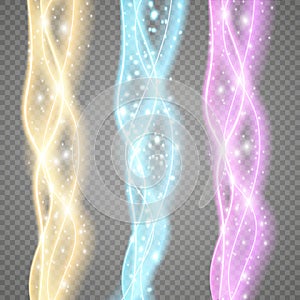 Set of magic glowing spark swirl trail effect isolated on transparent background. Bokeh glitter wave line with flying