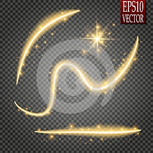 Set of magic glowing spark swirl trail effect isolated on transparent background. Bokeh glitter wave line with flying