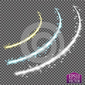 Set of magic glowing spark swirl trail effect isolated on transparent background. Bokeh glitter wave line with flying