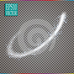 Set of magic glowing spark swirl trail effect on transparent background. Bokeh glitter wave line with flying