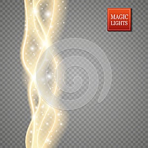 Set of magic glowing spark swirl trail effect on transparent background. Bokeh glitter wave line with flying