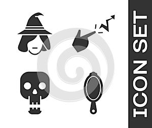 Set Magic hand mirror, Witch, Skull and Spell icon. Vector