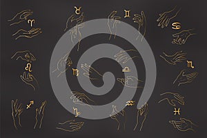 Set of magic hands with zodiac glyphs in outline style. Collection of isolated gestures and zodiac signs in golden color
