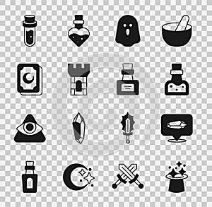 Set Magic hat, stone, Bottle with potion, Ghost, Castle tower, Tarot cards, and icon. Vector