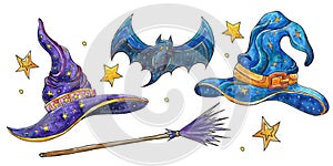 Set with magic hats. Watercolor illustration of a witch hats,bat,broom and stars . Halloween set for original design