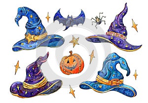 Set with magic hats. Watercolor illustration of a witch hats, bat,pumpkin and stars . Halloween set for original design.