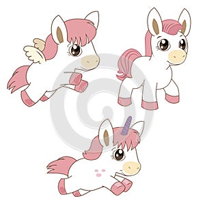 Set Of Magic Horses, Unicorns And Pegasus. Cartoon Animals Vector.